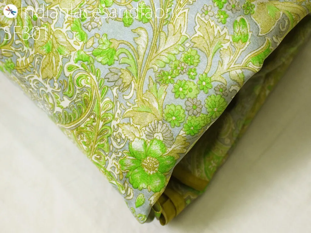 Indian Green Soft Pure Printed Silk Saree Fabric By The Yard Wedding Dresses Bridesmaid Party Costumes DIY Crafting Drapery Sari Sewing
