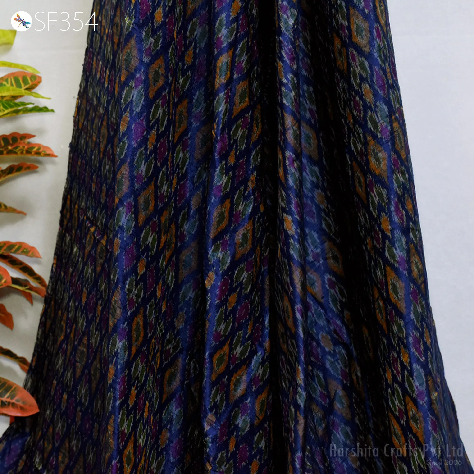 Indian Handwoven Blue Pure Dupioni Ikat Silk fabric by the Yard Wedding Bridesmaid Prom Dress Crafting Sewing Cushion Drapery Upholstery