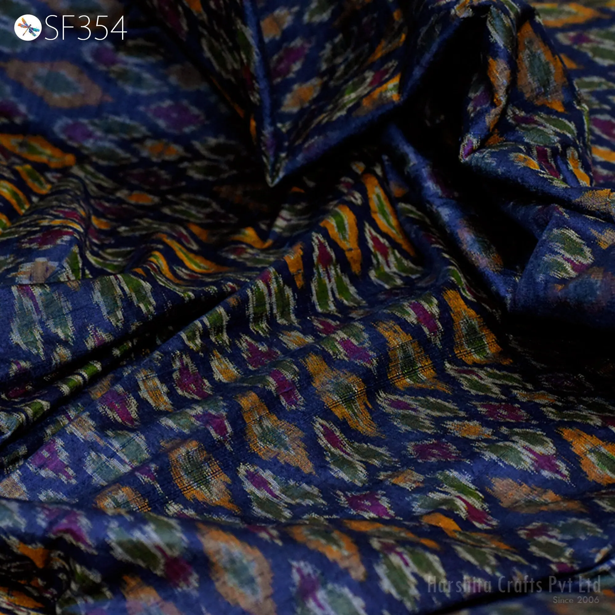 Indian Handwoven Blue Pure Dupioni Ikat Silk fabric by the Yard Wedding Bridesmaid Prom Dress Crafting Sewing Cushion Drapery Upholstery