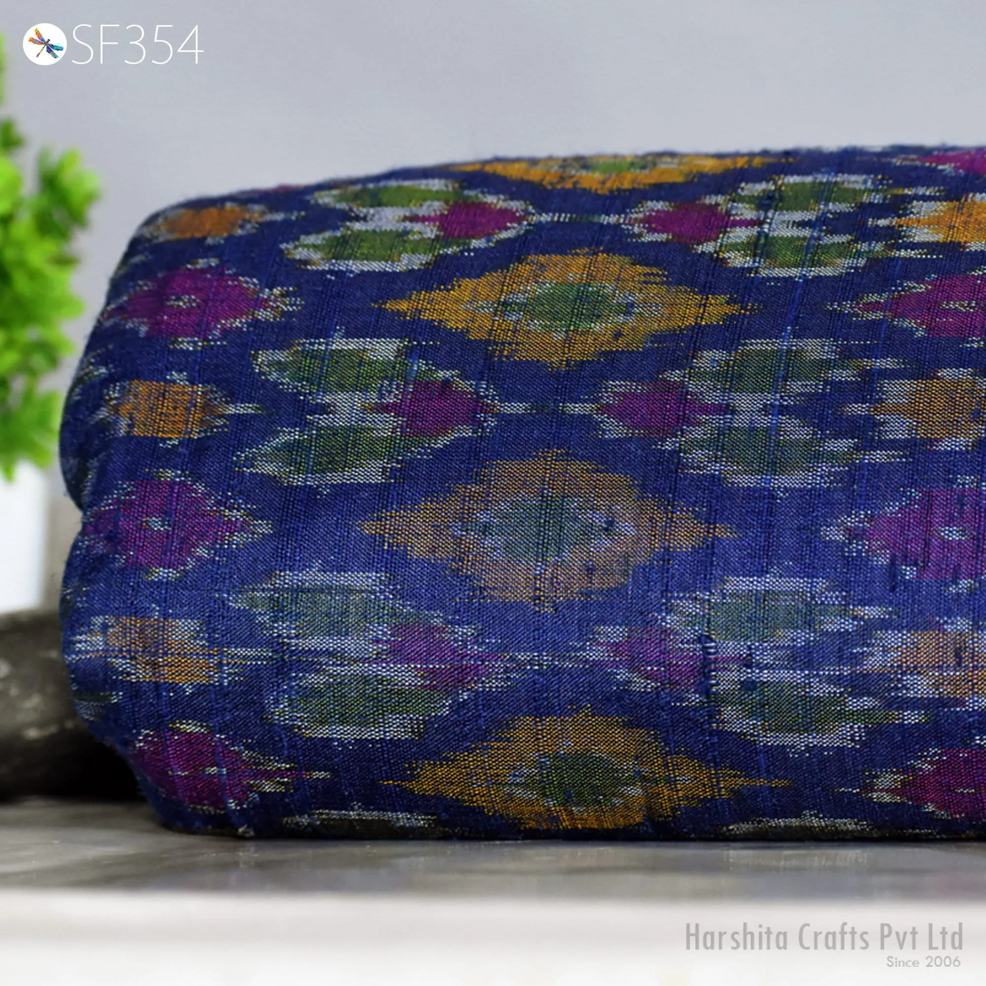 Indian Handwoven Blue Pure Dupioni Ikat Silk fabric by the Yard Wedding Bridesmaid Prom Dress Crafting Sewing Cushion Drapery Upholstery
