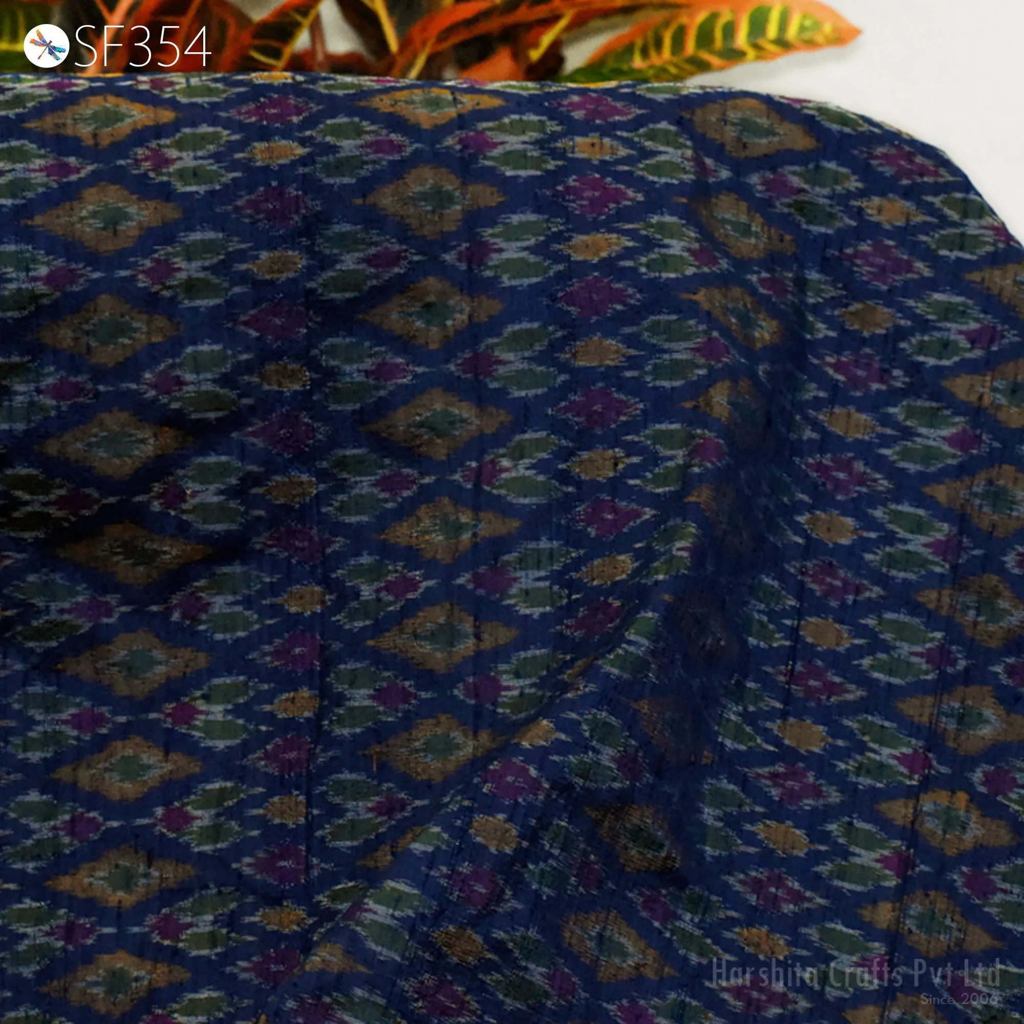 Indian Handwoven Blue Pure Dupioni Ikat Silk fabric by the Yard Wedding Bridesmaid Prom Dress Crafting Sewing Cushion Drapery Upholstery