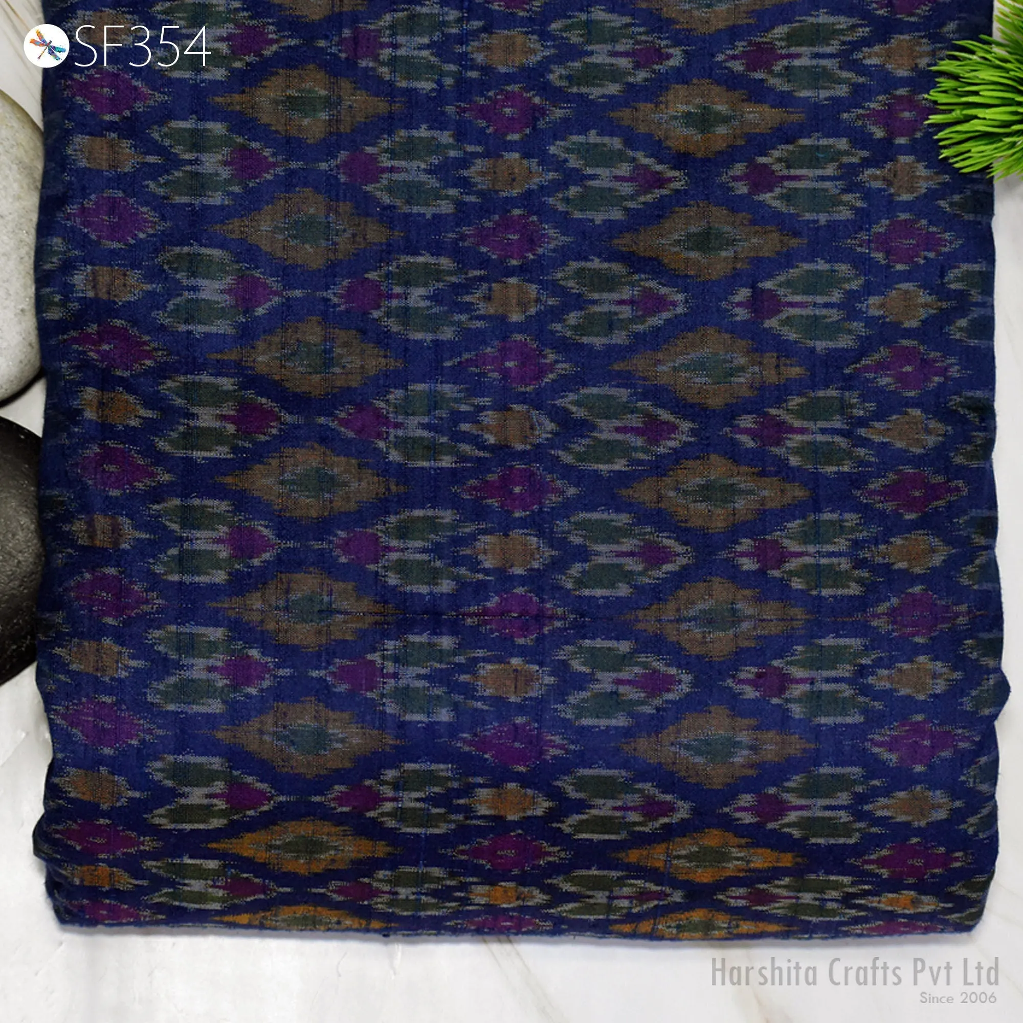 Indian Handwoven Blue Pure Dupioni Ikat Silk fabric by the Yard Wedding Bridesmaid Prom Dress Crafting Sewing Cushion Drapery Upholstery