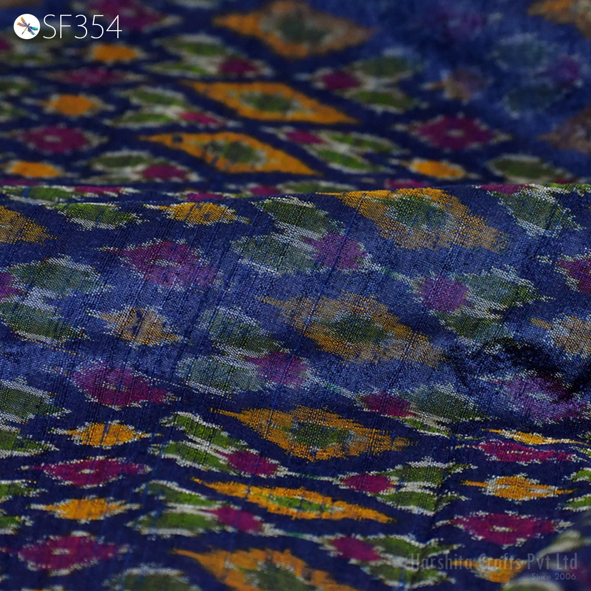 Indian Handwoven Blue Pure Dupioni Ikat Silk fabric by the Yard Wedding Bridesmaid Prom Dress Crafting Sewing Cushion Drapery Upholstery