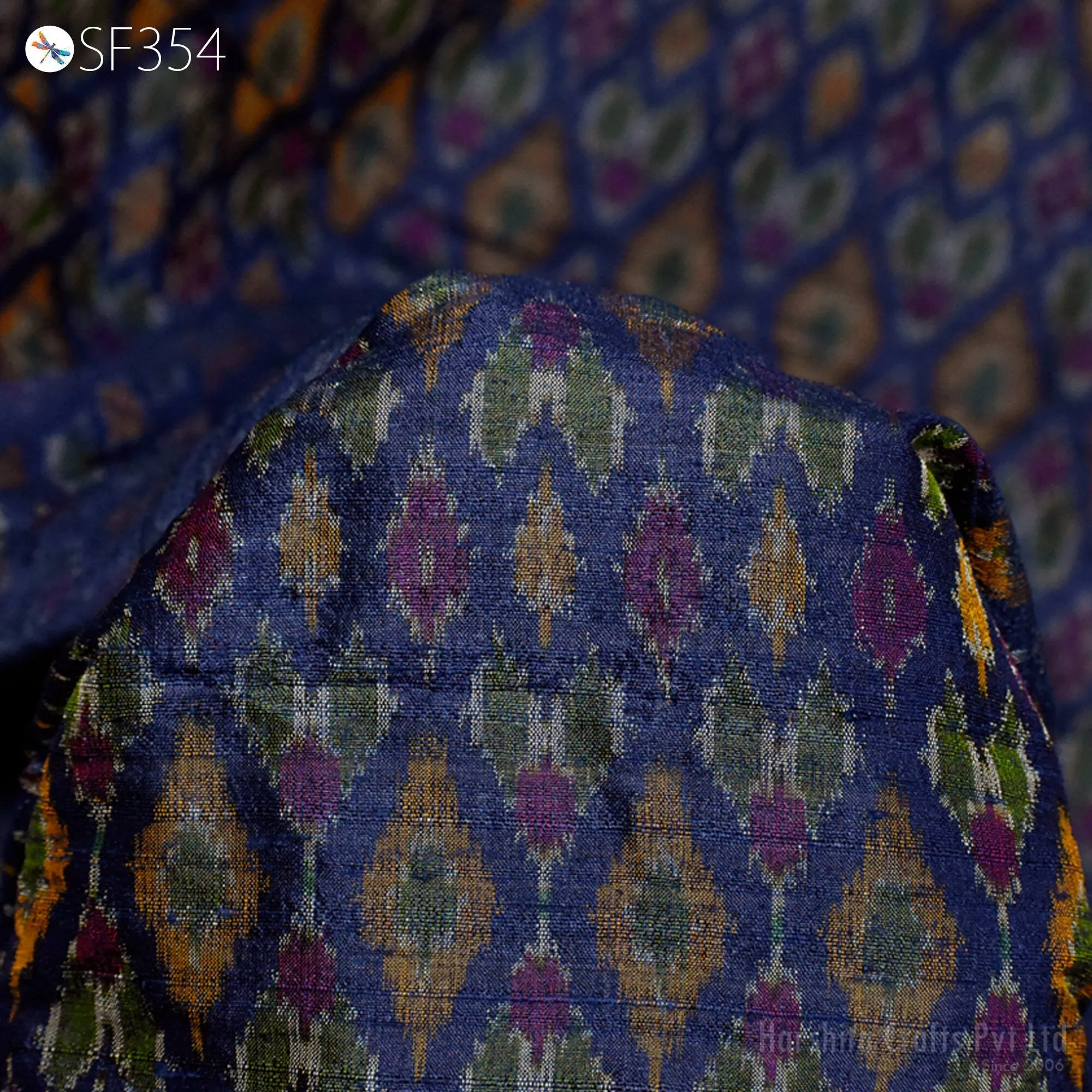 Indian Handwoven Blue Pure Dupioni Ikat Silk fabric by the Yard Wedding Bridesmaid Prom Dress Crafting Sewing Cushion Drapery Upholstery