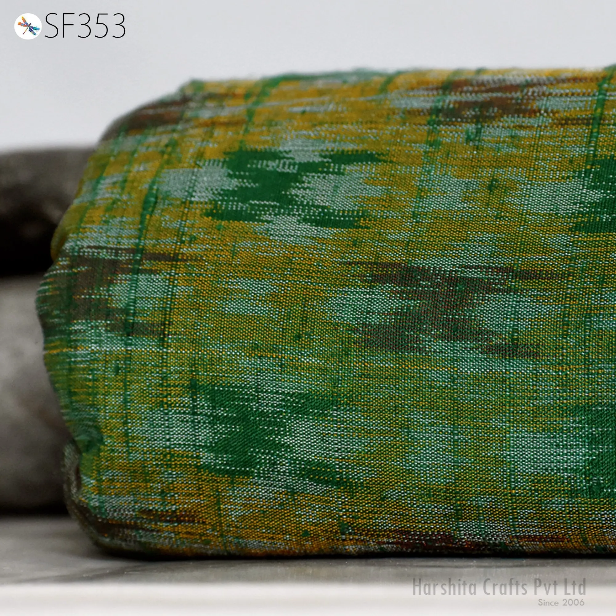 Indian Handwoven Green Pure Dupioni Ikat Silk fabric by the Yard Wedding Bridesmaid Prom Dress Crafting Sewing Cushion Drapery Upholstery