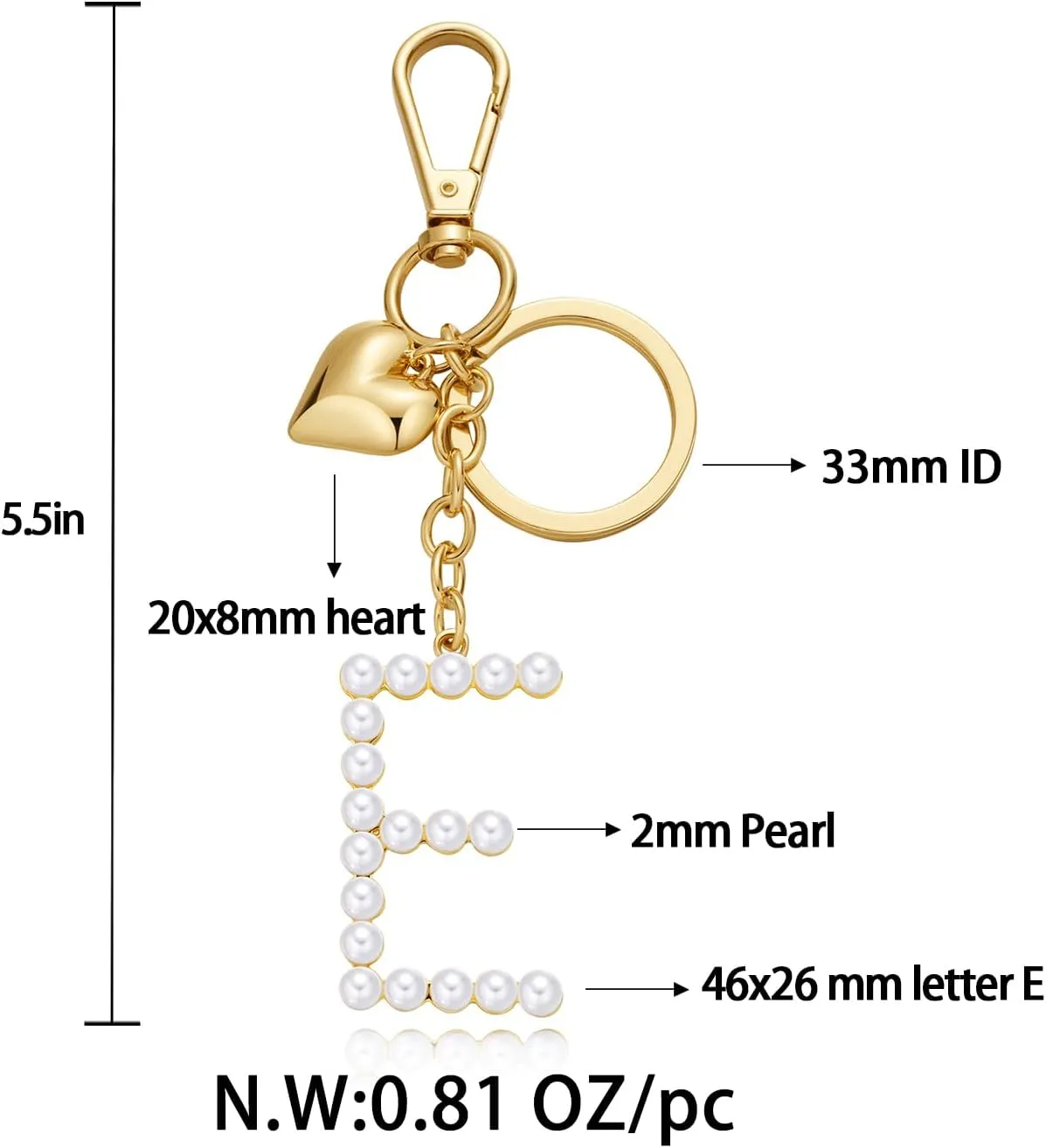 Initial Letter Keychains For Women Gold Heart And Pearl Alphabet Bag Charms Purse Accessories Gift