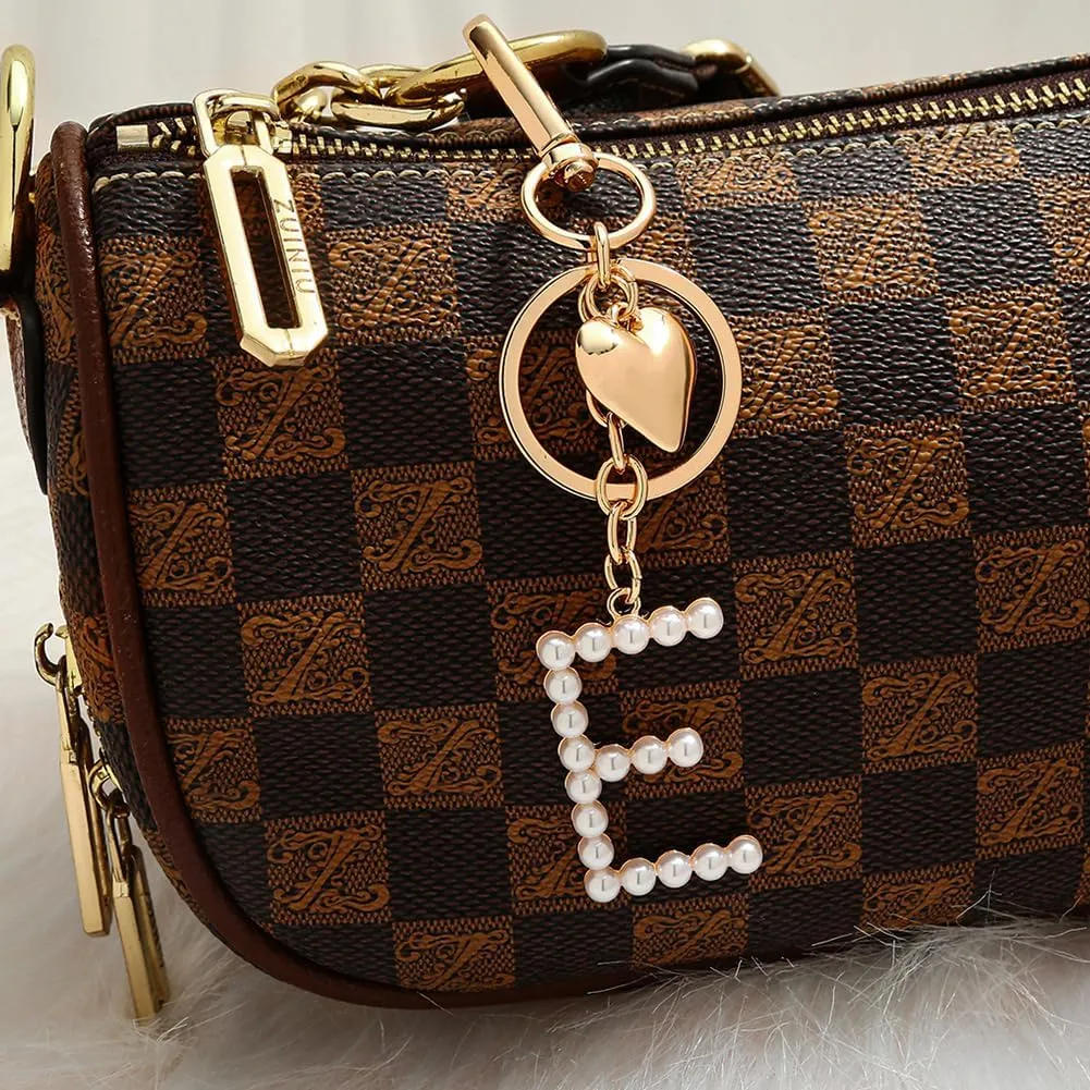 Initial Letter Keychains For Women Gold Heart And Pearl Alphabet Bag Charms Purse Accessories Gift