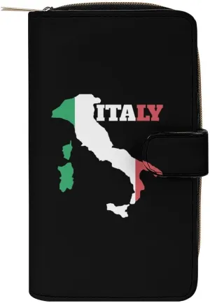 Italy Map Flag Purses for Women Zipper Leather Clutch Purse Travel Handbag Card Case Wallet