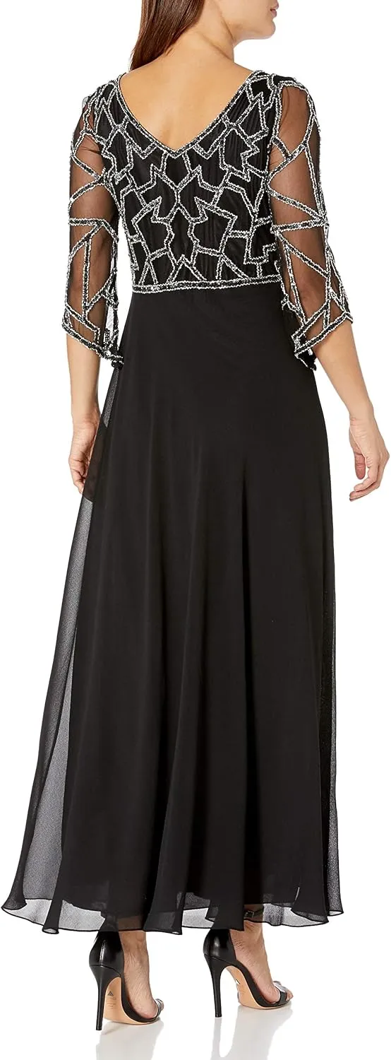 J Kara Women's Petite 3/4 Sleeve Empire Waist Popover Fit & Flare Beaded Dress