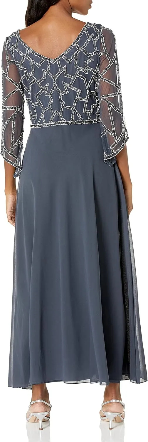 J Kara Women's Petite 3/4 Sleeve Empire Waist Popover Fit & Flare Beaded Dress