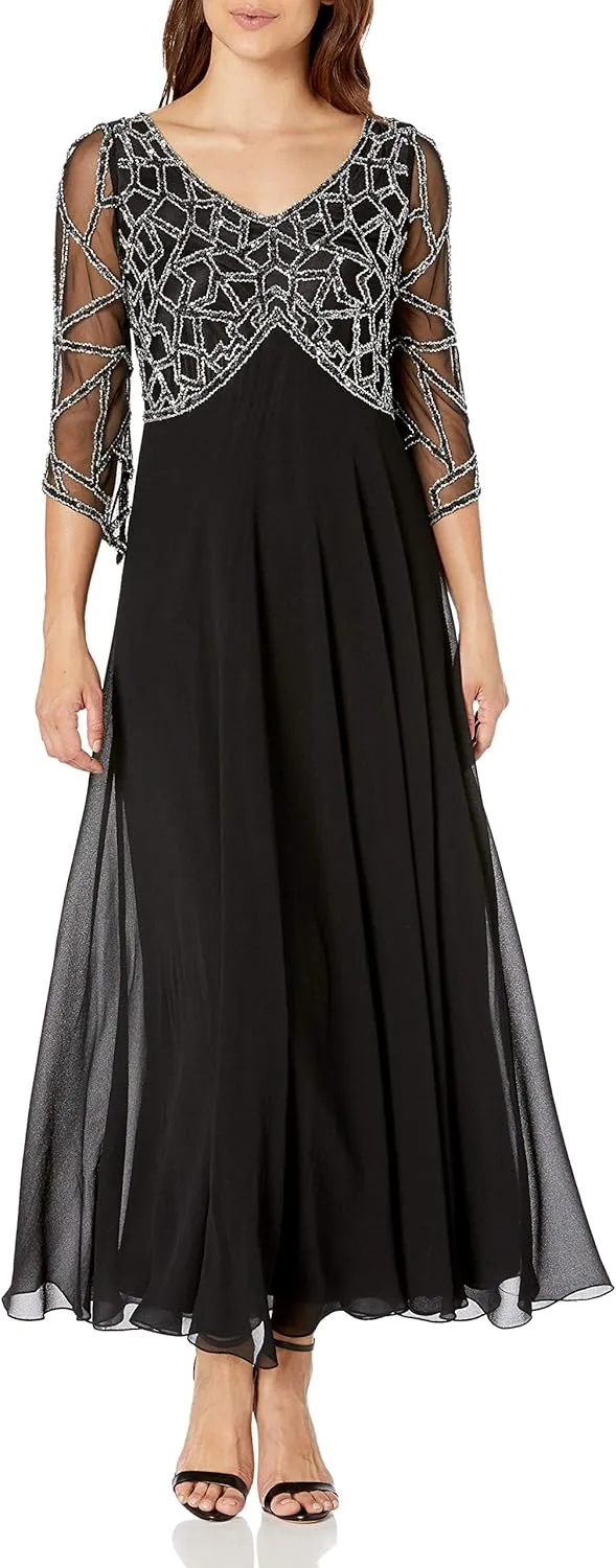 J Kara Women's Petite 3/4 Sleeve Empire Waist Popover Fit & Flare Beaded Dress