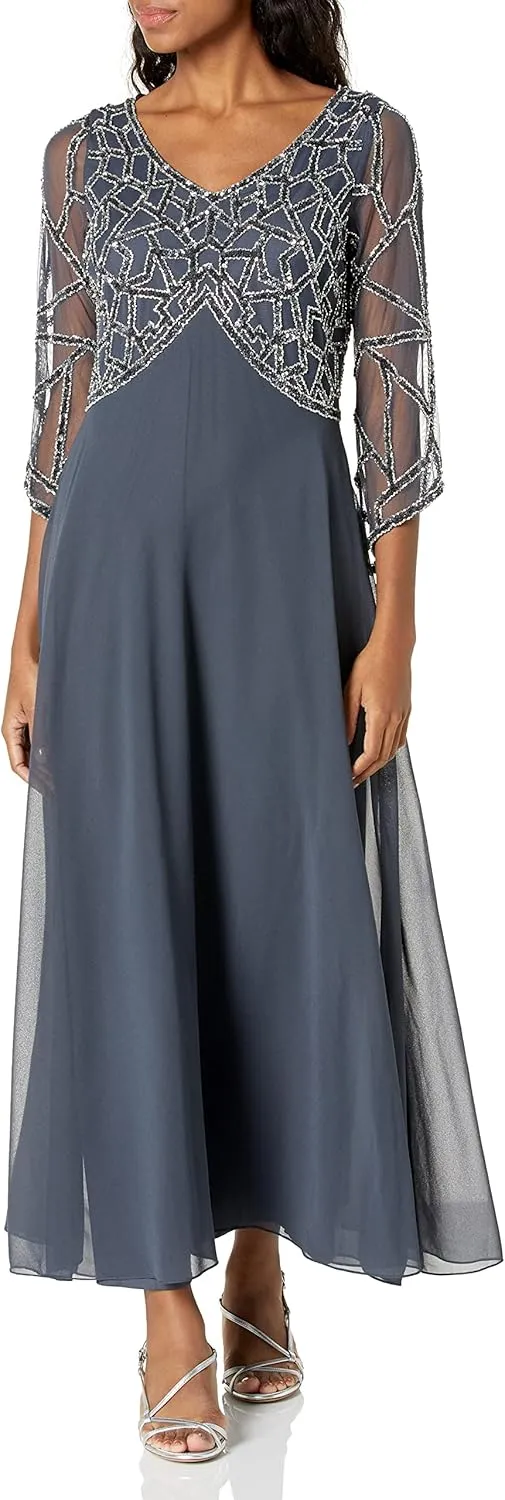 J Kara Women's Petite 3/4 Sleeve Empire Waist Popover Fit & Flare Beaded Dress