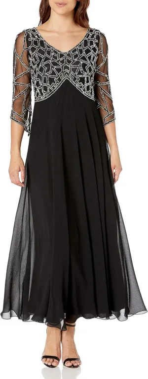 J Kara Women's Petite 3/4 Sleeve Empire Waist Popover Fit & Flare Beaded Dress