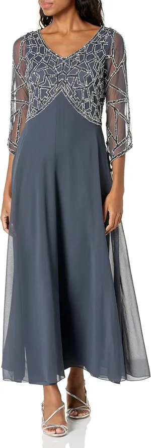 J Kara Women's Petite 3/4 Sleeve Empire Waist Popover Fit & Flare Beaded Dress