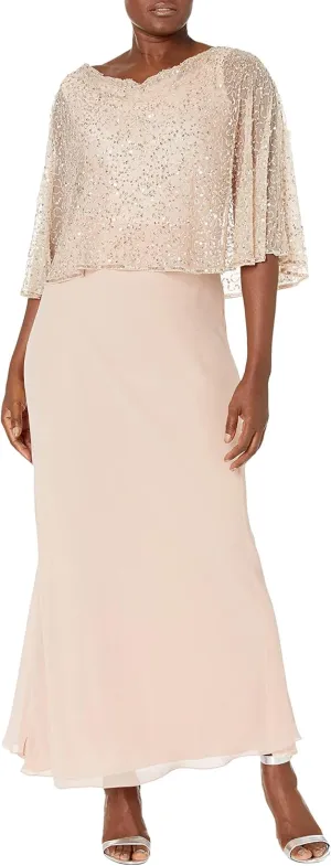 J Kara Women's Petite Sequin Popover Cape Chiffon Cowl Neck 3/4 Sleeve Gown