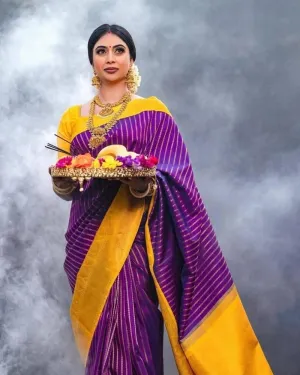 Jaanvi Women's Kerala Kanjivaram Silk Saree With Zari Work & Unstitched Blouse Piece