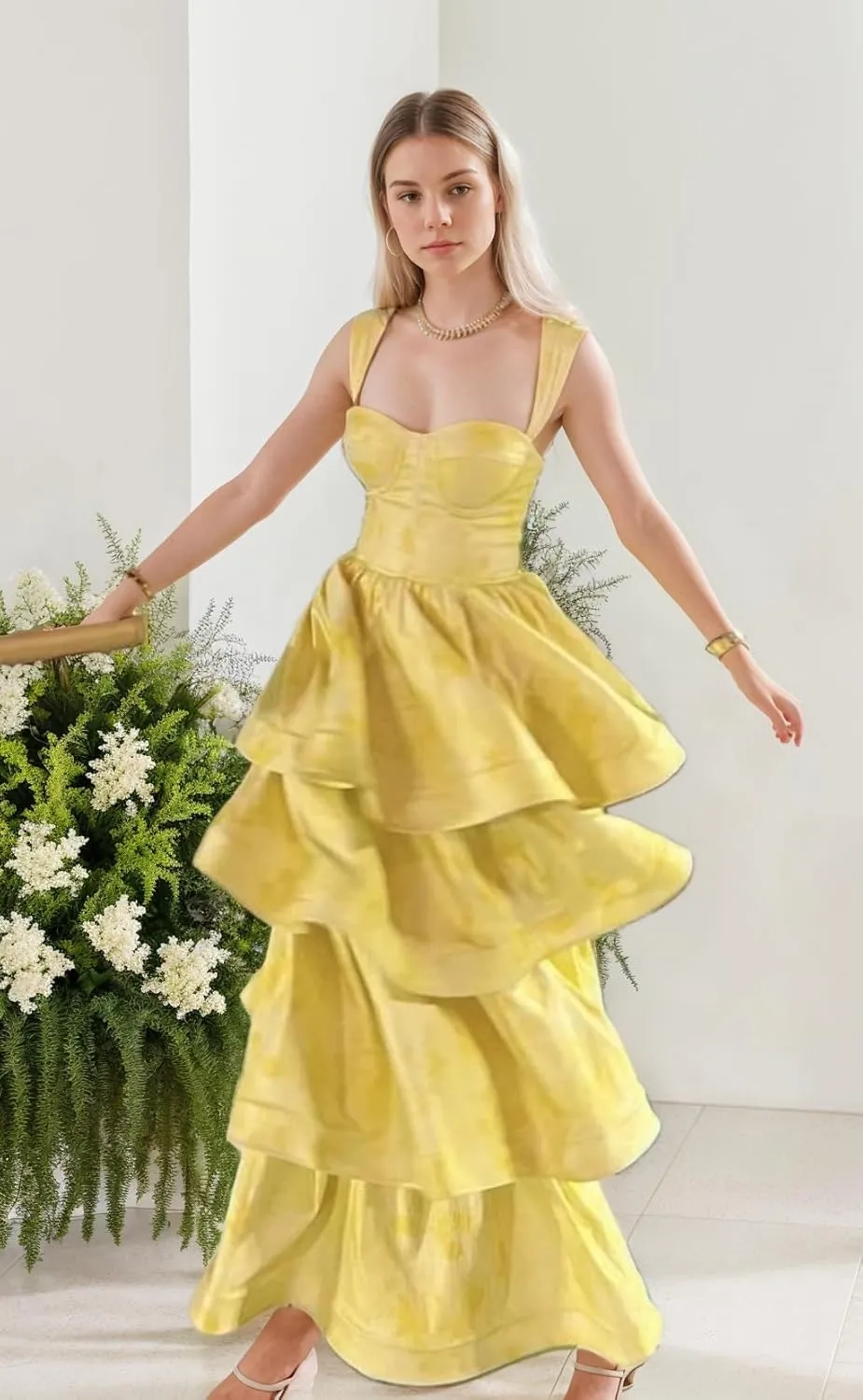 Jacquard Satin Prom Dress Tiered Ball Gown Sweetheart Prom Dresses Ruffle Formal Dress Sleeveless Evening Gown