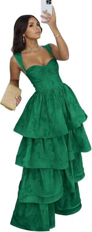 Jacquard Satin Prom Dress Tiered Ball Gown Sweetheart Prom Dresses Ruffle Formal Dress Sleeveless Evening Gown
