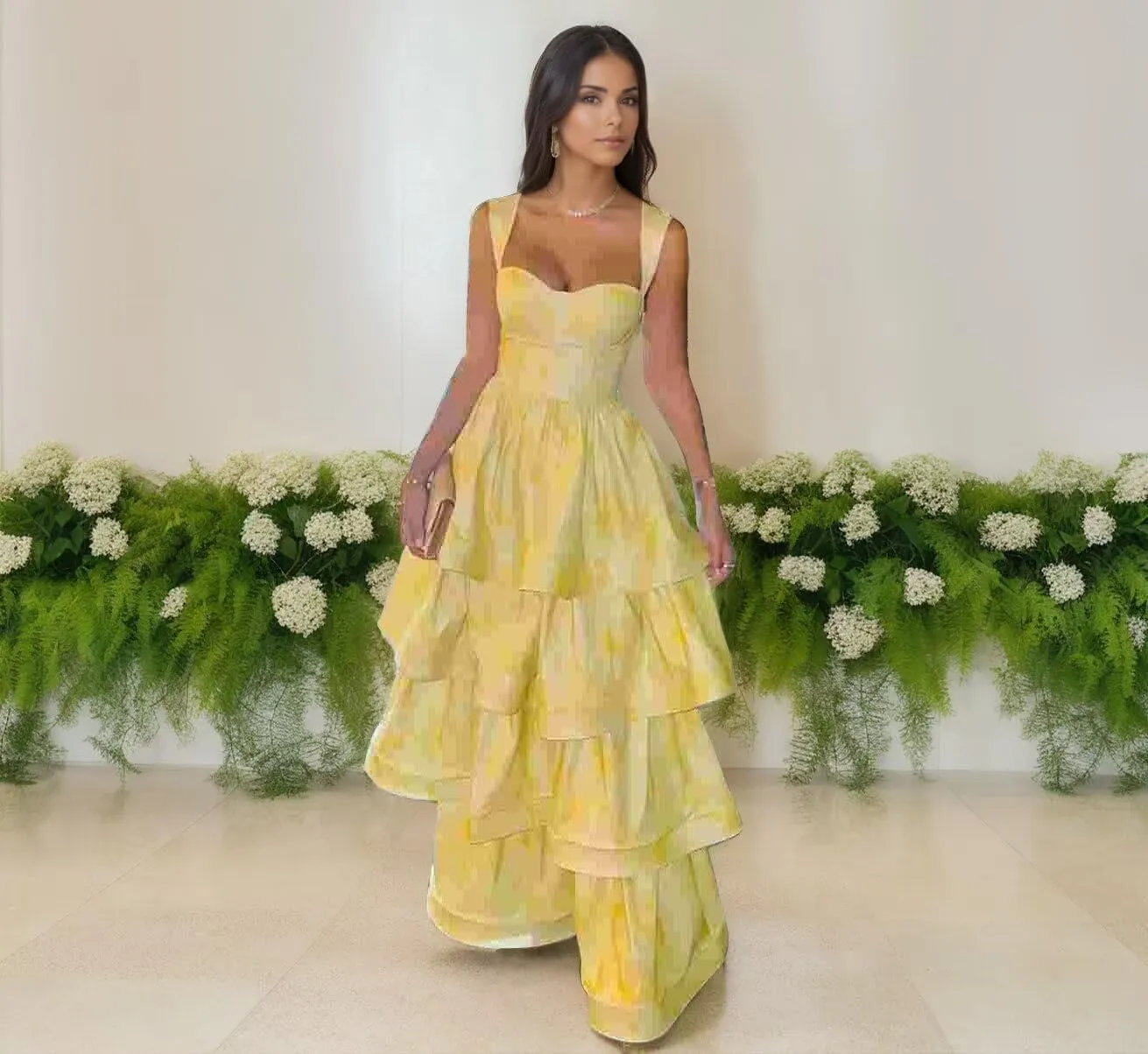 Jacquard Satin Prom Dress Tiered Ball Gown Sweetheart Prom Dresses Ruffle Formal Dress Sleeveless Evening Gown
