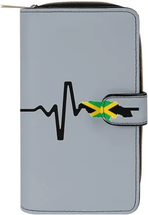 Jamaica Map Flag Heartbeat Leather Wallets for Men Women Zipped Clutch Purse Travel Handbag Card Case Wallet