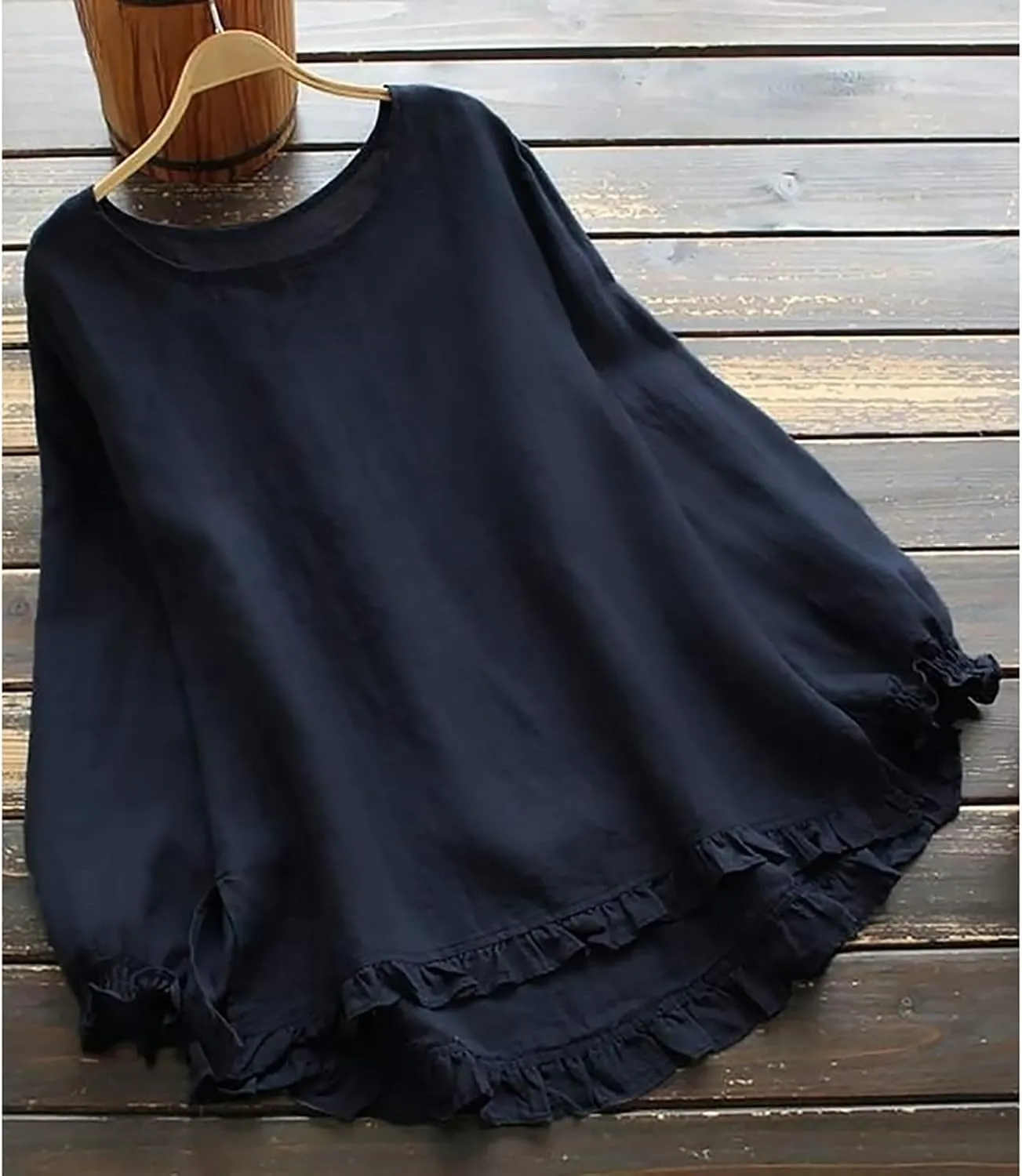 Janepam Women Cotton Linen Top Long Sleeve Solid Plain/Graphic Embroidery Lace Loose Blouse
