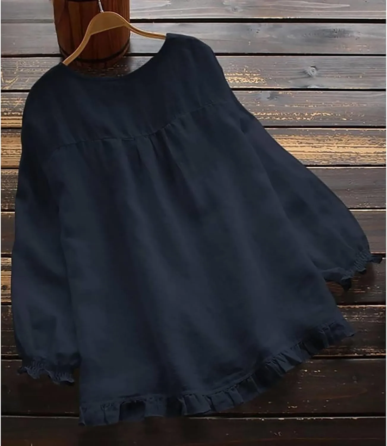 Janepam Women Cotton Linen Top Long Sleeve Solid Plain/Graphic Embroidery Lace Loose Blouse