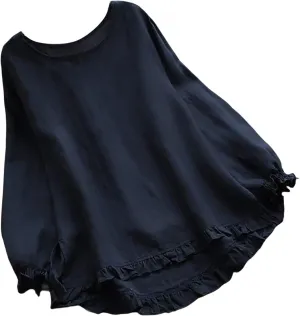 Janepam Women Cotton Linen Top Long Sleeve Solid Plain/Graphic Embroidery Lace Loose Blouse