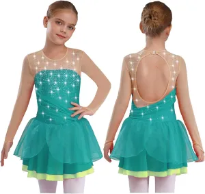 JEATHA Kids Girls Figure Ice Skating Dress Rhinestones Splice Mesh Long Sleeve Tutu Skirted Leotard Dance Costume