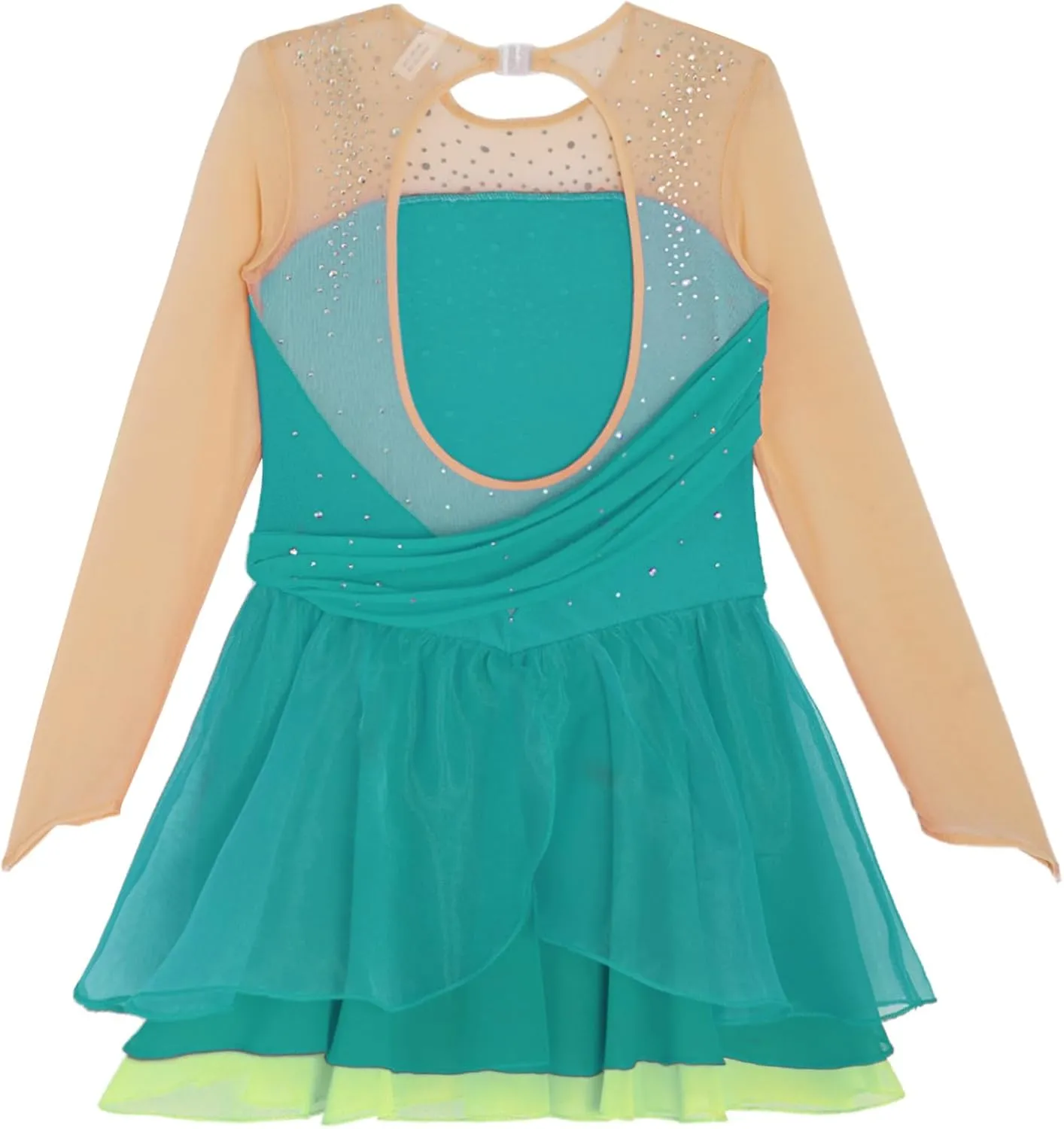 JEATHA Kids Girls Figure Ice Skating Dress Rhinestones Splice Mesh Long Sleeve Tutu Skirted Leotard Dance Costume