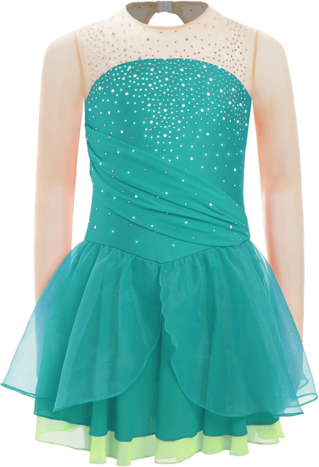 JEATHA Kids Girls Figure Ice Skating Dress Rhinestones Splice Mesh Long Sleeve Tutu Skirted Leotard Dance Costume