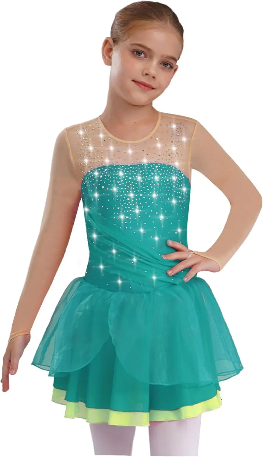 JEATHA Kids Girls Figure Ice Skating Dress Rhinestones Splice Mesh Long Sleeve Tutu Skirted Leotard Dance Costume