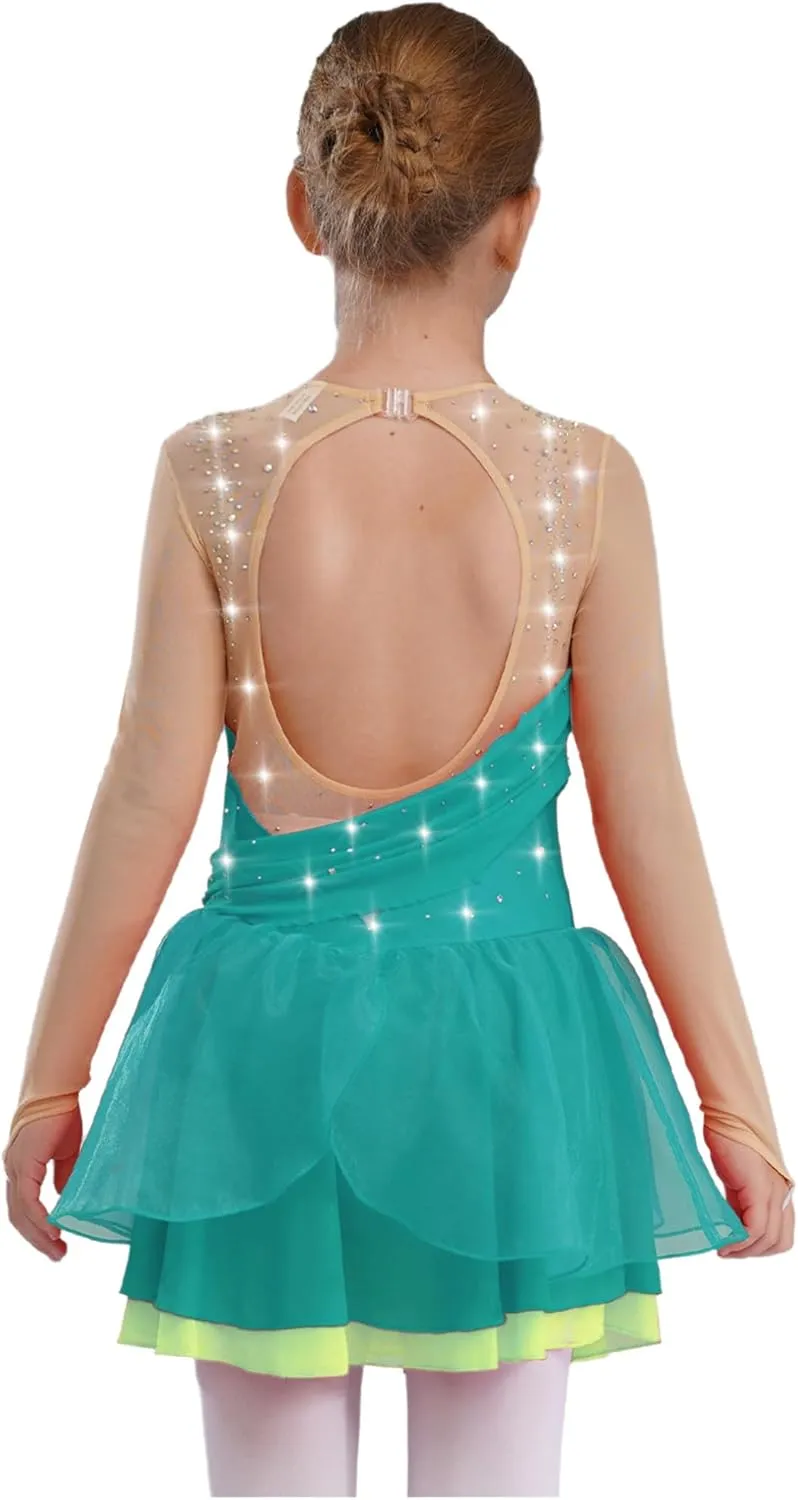 JEATHA Kids Girls Figure Ice Skating Dress Rhinestones Splice Mesh Long Sleeve Tutu Skirted Leotard Dance Costume