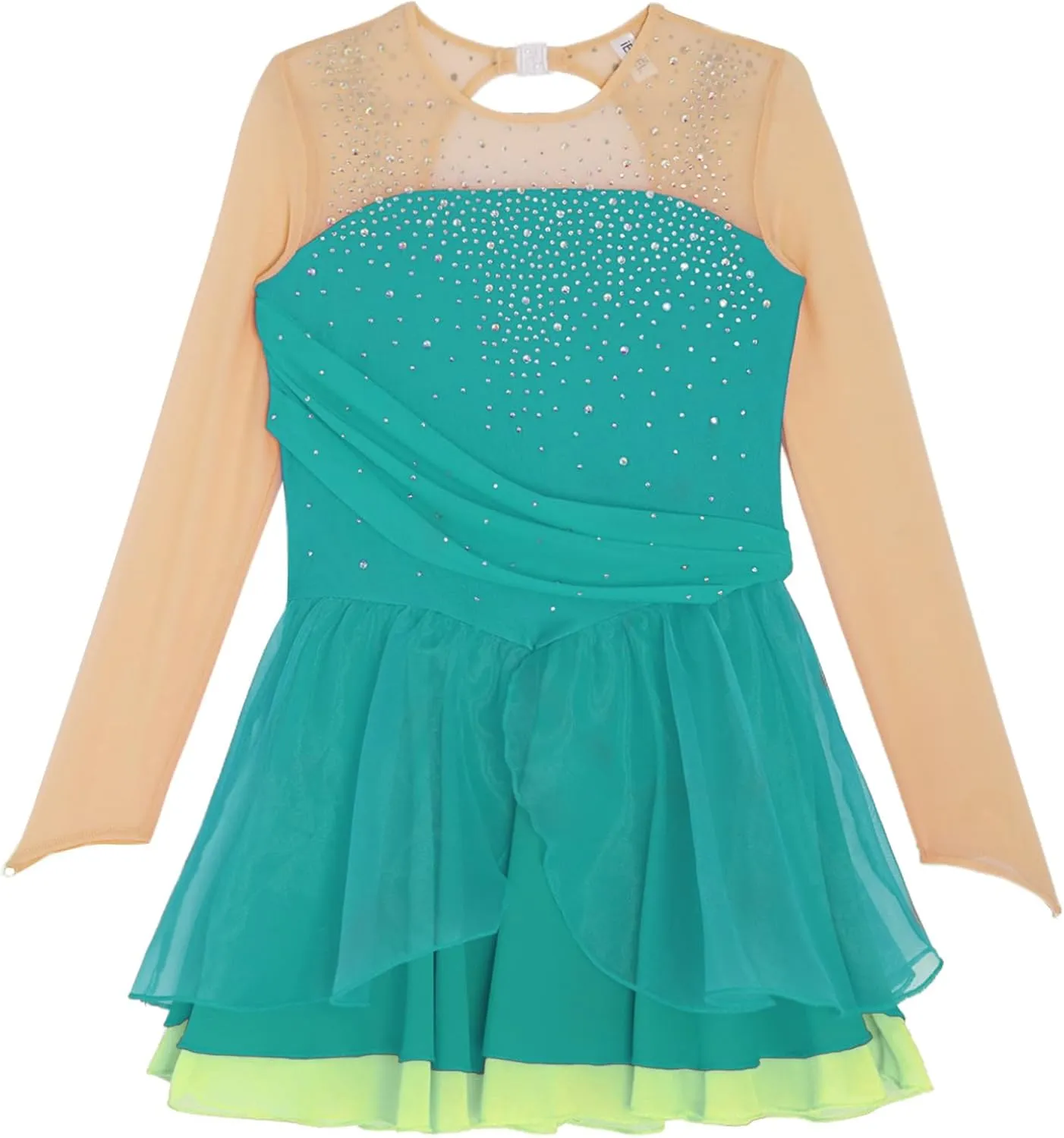 JEATHA Kids Girls Figure Ice Skating Dress Rhinestones Splice Mesh Long Sleeve Tutu Skirted Leotard Dance Costume