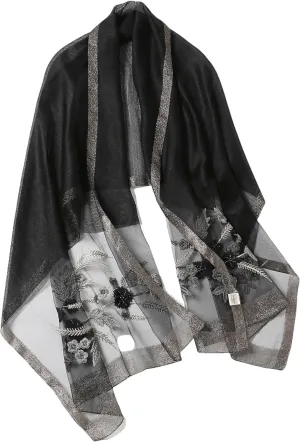 Jeelow Elegant Silk Wool Blend Scarf Shawl Wrap Lightweight Sheer for Women Embroidered Floral for Weddings Parties