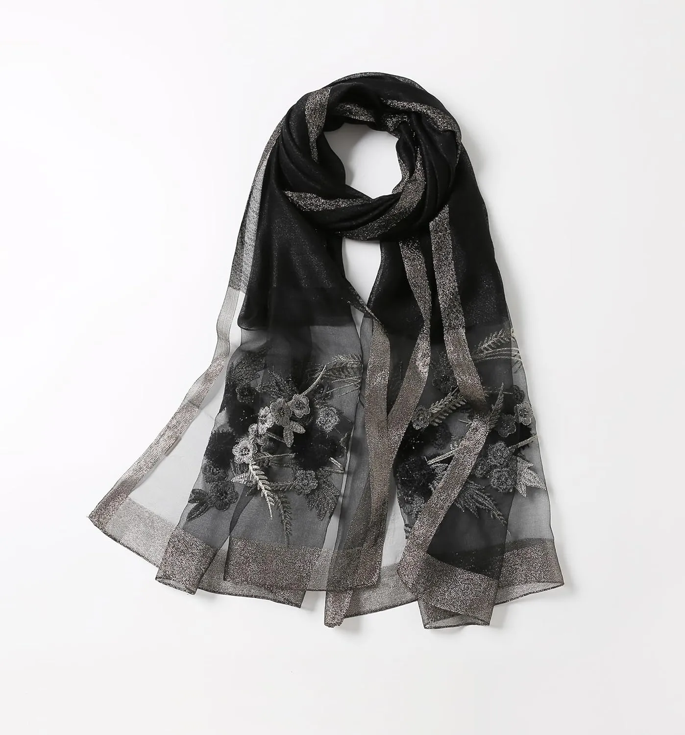 Jeelow Elegant Silk Wool Blend Scarf Shawl Wrap Lightweight Sheer for Women Embroidered Floral for Weddings Parties