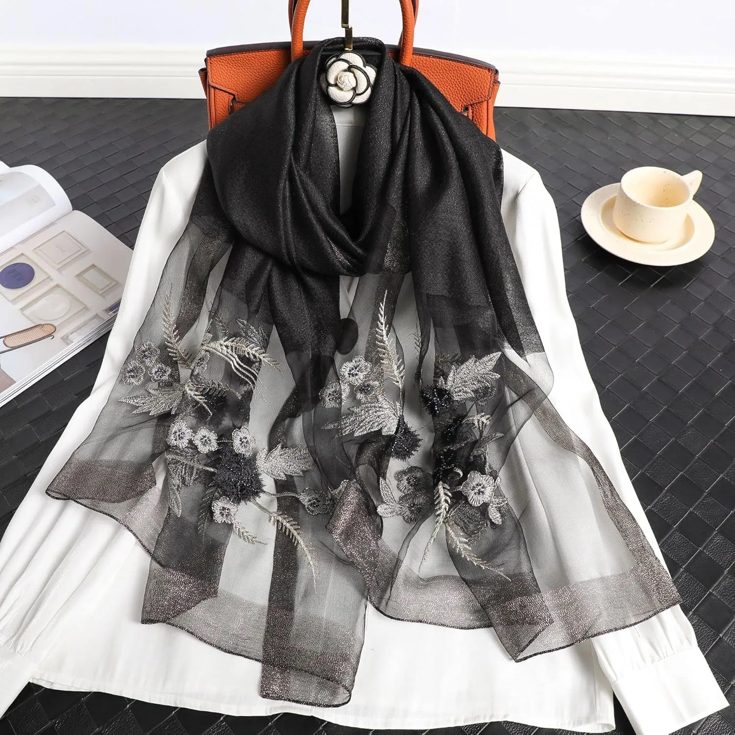 Jeelow Elegant Silk Wool Blend Scarf Shawl Wrap Lightweight Sheer for Women Embroidered Floral for Weddings Parties