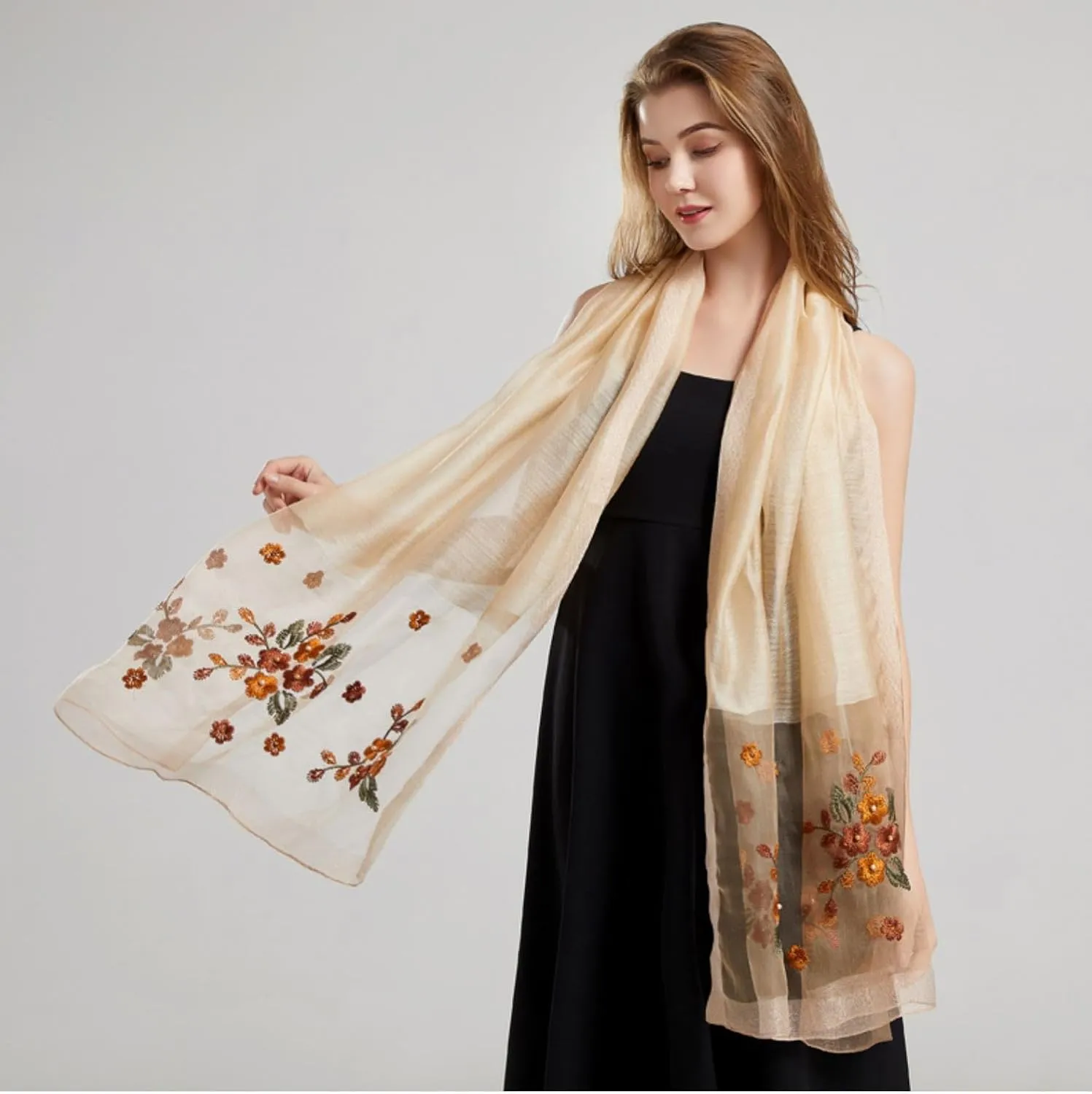 Jeelow Fashion Lightweight Light Silk Wool Scarf Shawl Wrap For Women Floral Embroidery
