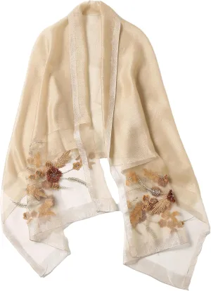 Jeelow Fashion Lightweight Light Silk Wool Scarf Shawl Wrap For Women Floral Embroidery