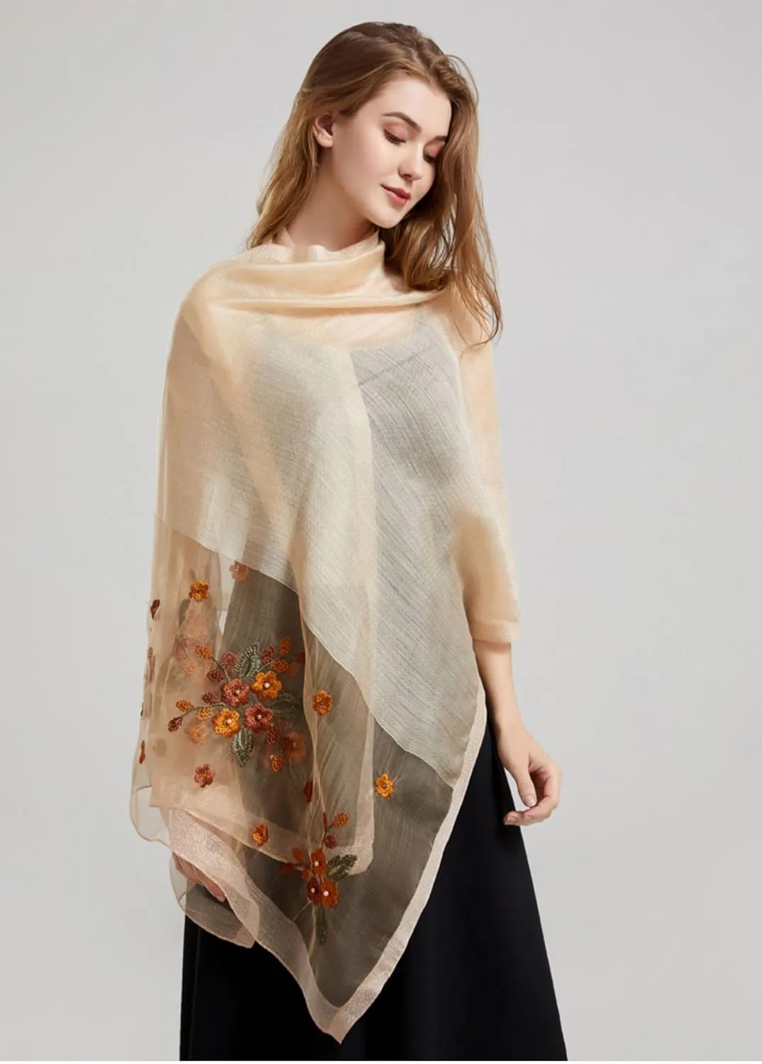 Jeelow Fashion Lightweight Light Silk Wool Scarf Shawl Wrap For Women Floral Embroidery