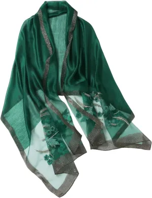 Jeelow Fashion Lightweight Light Silk Wool Scarf Shawl Wrap For Women Floral Embroidery