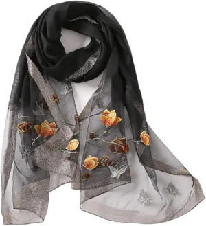 Jeelow Fashion Lightweight Light Silk Wool Scarf Shawl Wrap For Women Floral Embroidery