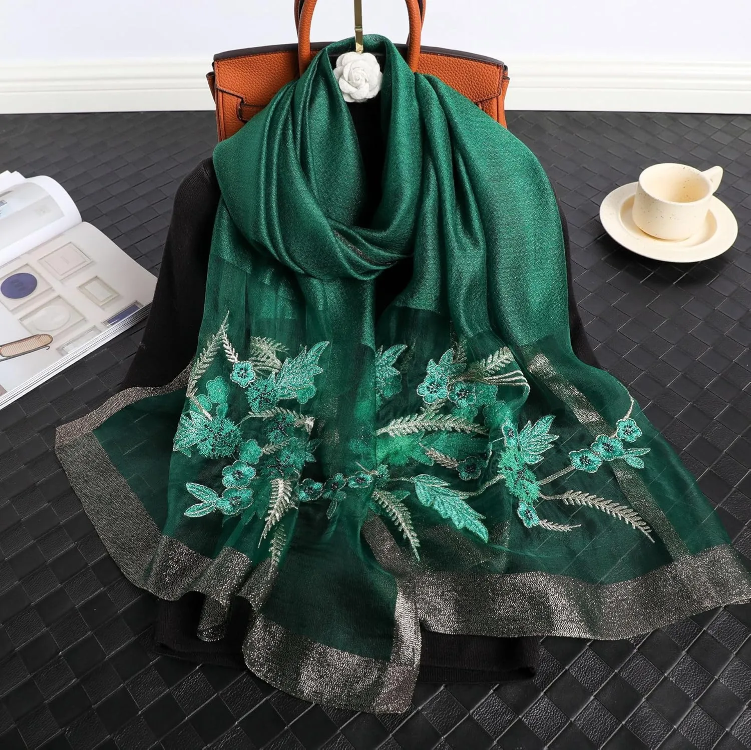 Jeelow Fashion Lightweight Light Silk Wool Scarf Shawl Wrap For Women Floral Embroidery