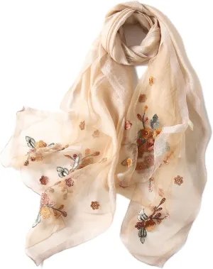 Jeelow Fashion Lightweight Light Silk Wool Scarf Shawl Wrap For Women Floral Embroidery