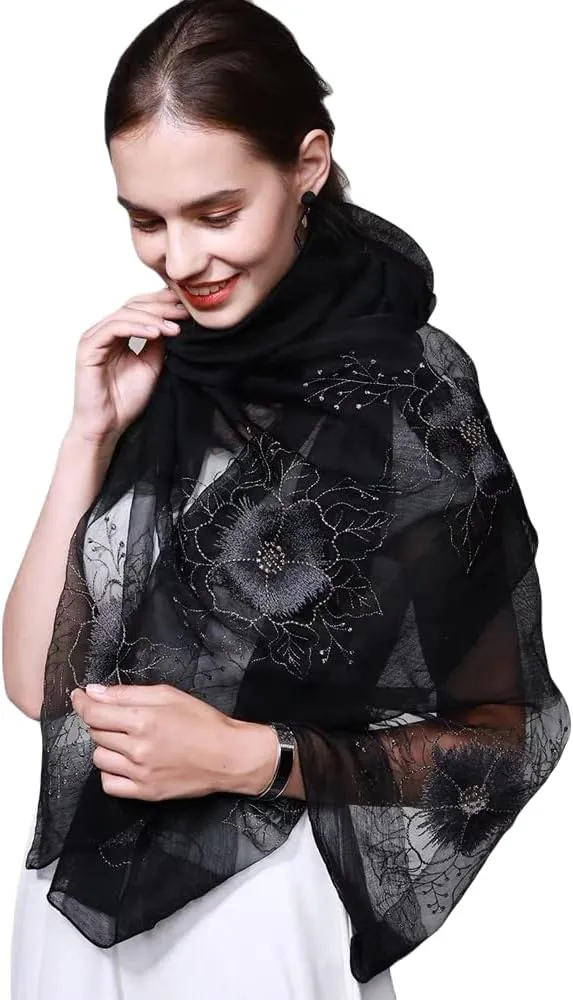 Jeelow Silk Wool Floral Fashion Scarf Shawl Wrap Lightweight Sheer For Women Floral Embroidery Wedding Party Prom