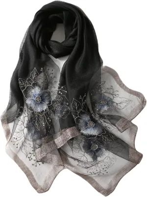 Jeelow Silk Wool Floral Fashion Scarf Shawl Wrap Lightweight Sheer For Women Floral Embroidery Wedding Party Prom