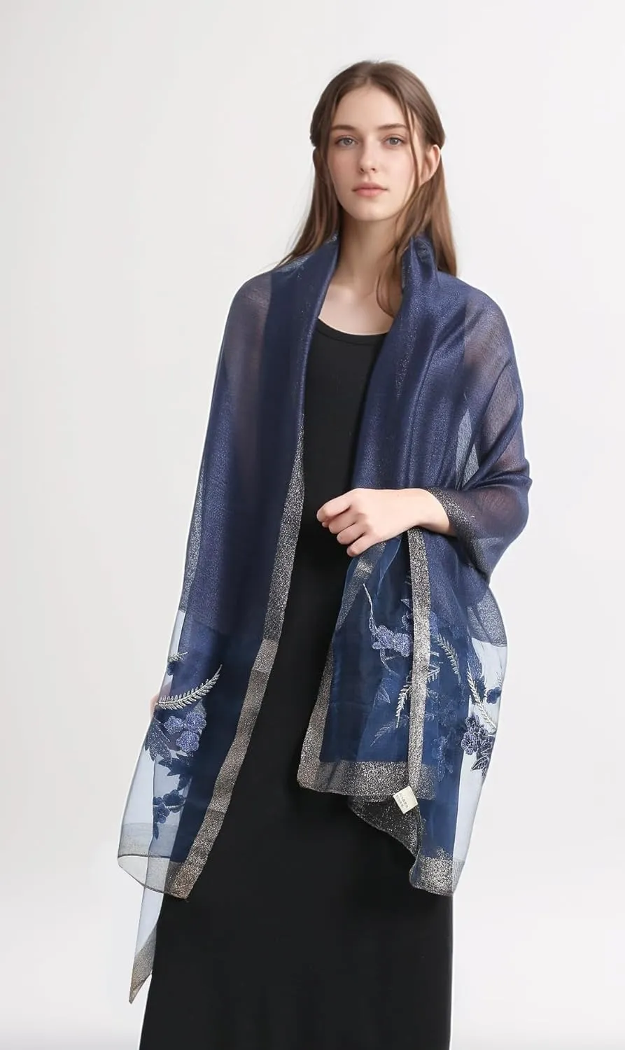 Jeelow Silk Wool Floral Fashion Scarf Shawl Wrap Lightweight Sheer For Women Floral Embroidery Wedding Party Prom