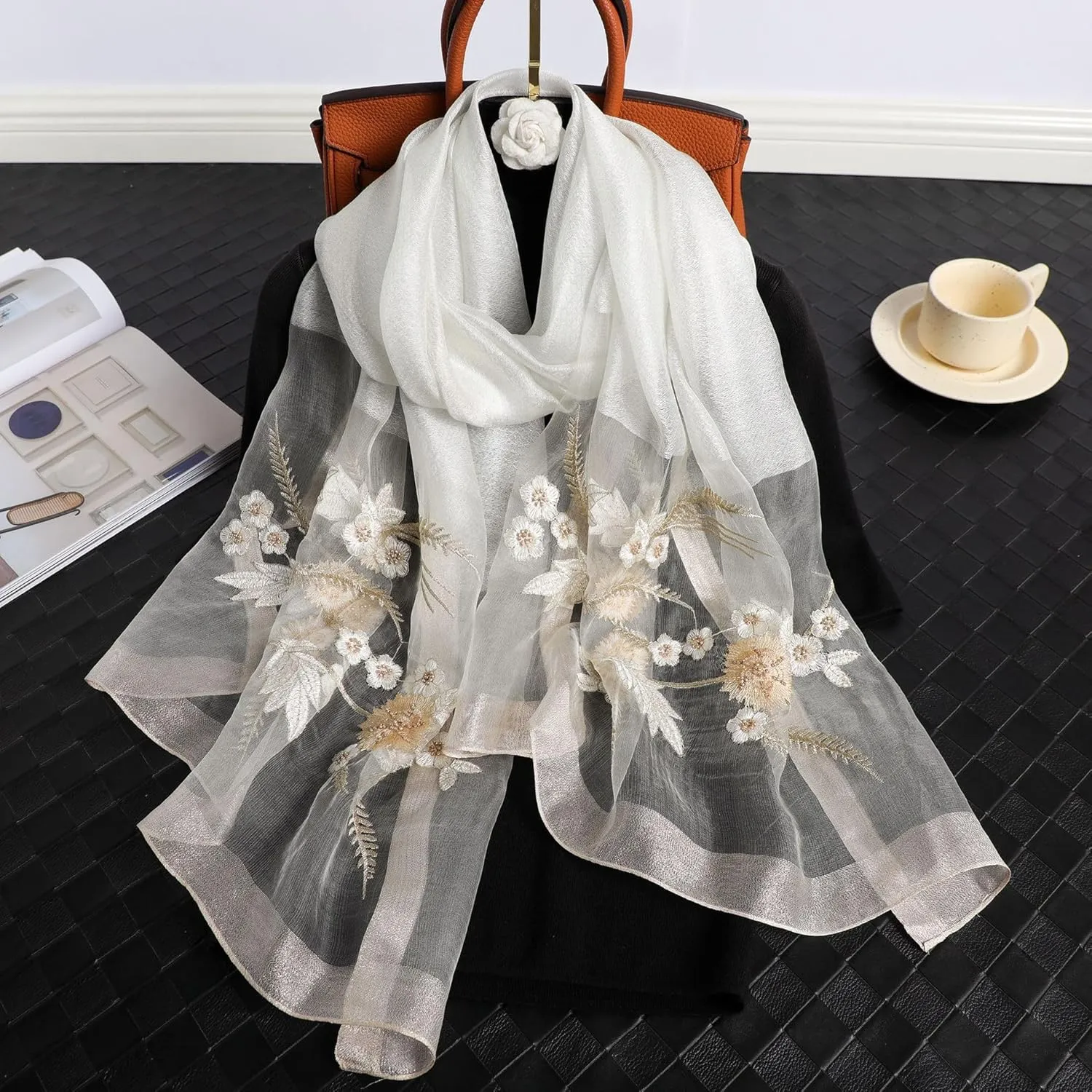 Jeelow Silk Wool Floral Fashion Scarf Shawl Wrap Lightweight Sheer For Women Floral Embroidery Wedding Party Prom