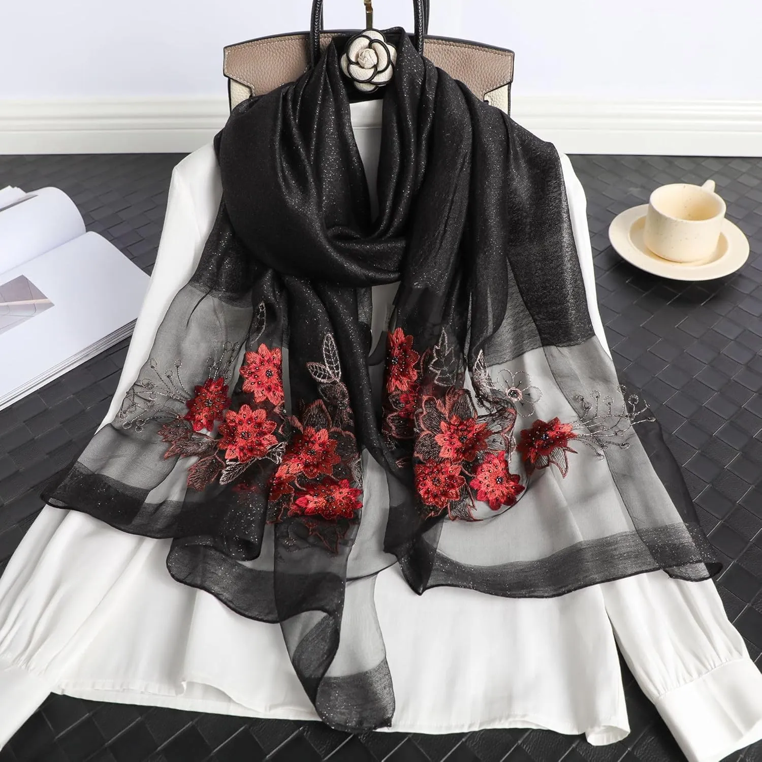 Jeelow Silk Wool Floral Fashion Scarf Shawl Wrap Lightweight Sheer For Women Floral Embroidery Wedding Party Prom