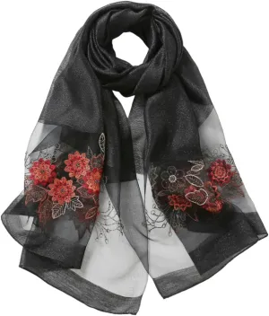 Jeelow Silk Wool Floral Fashion Scarf Shawl Wrap Lightweight Sheer For Women Floral Embroidery Wedding Party Prom