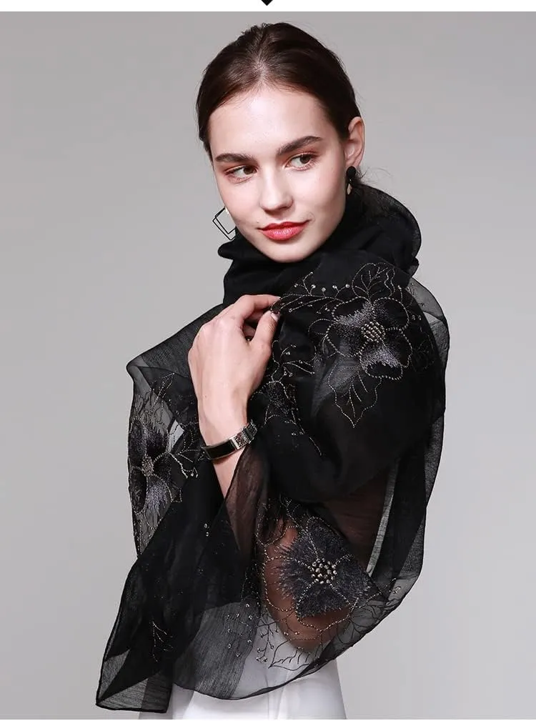 Jeelow Silk Wool Floral Fashion Scarf Shawl Wrap Lightweight Sheer For Women Floral Embroidery Wedding Party Prom